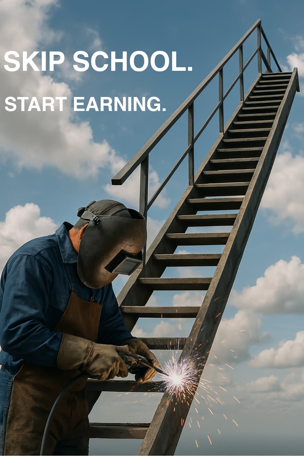 Welder working on metal stairs with sparks flying